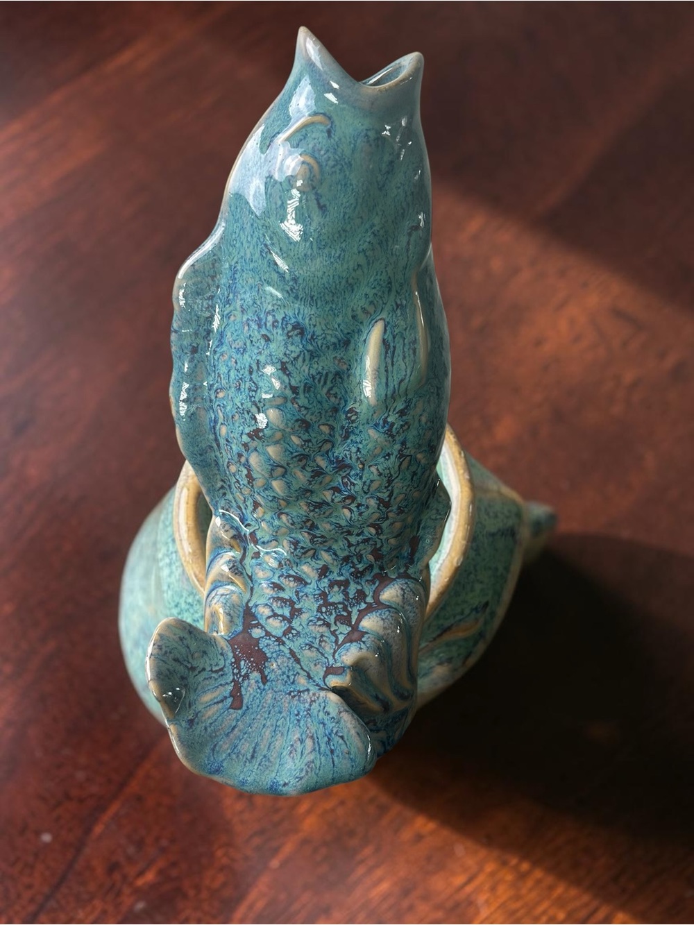 Blue Green Glazed Ceramic Fish Vase Studio Art Pottery 10”